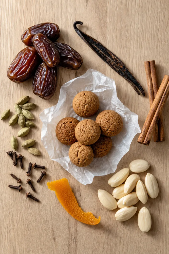Dadler, vanilje, kanel, kardemomme, nellik, appelsinskall og mandler rundt noen peppernøtter