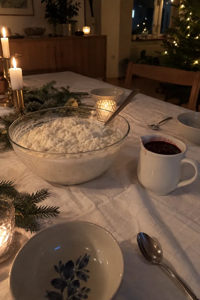 Riskrem med rød saus på julebordet julaften